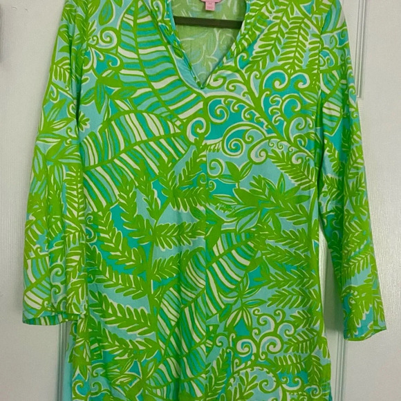 Lillly Pulitzer Tunic Ciara Leaf Print Green Blue Cotton Size M - Picture 2 of 4